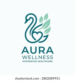 A minimalist vector logo for Aura Wellness Integrated Healthcare featuring a stylized swan incorporating a heart shape and delicate green leaves.