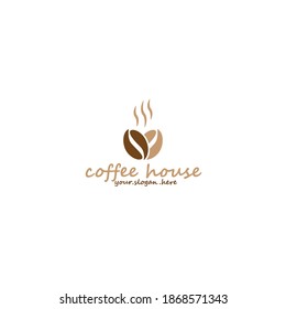 Minimalist vector logo for coffee shop. Outline logotype with coffee bean and navigation mark