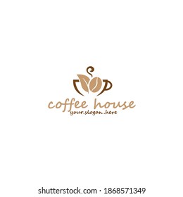 Minimalist vector logo for coffee shop. Outline logotype with coffee bean and navigation mark