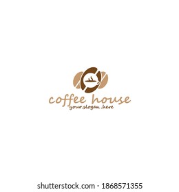 Minimalist vector logo for coffee shop. Outline logotype with coffee bean and navigation mark