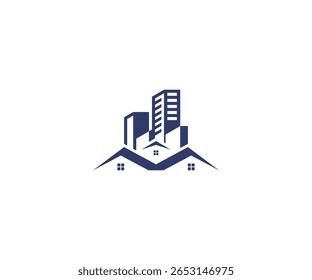 Minimalist vector logo combining residential rooftops with high-rise buildings. Real estate and property development icon representing both housing and commercial construction. Ideal for real estate a