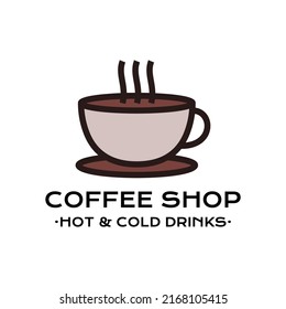 Minimalist vector logo with cup of hot coffee and text