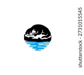 Minimalist vector logo of a cute otter sleeping peacefully on a rock in the water. Ideal for nature brands, eco-friendly products, or relaxation services