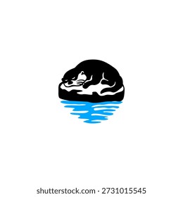 Logotipo de Vector minimalista de una linda nutria durmiendo pacíficamente en una roca en el agua. Ideal para marcas de naturaleza, productos ecológicos o servicios de relajación