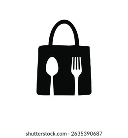 A minimalist vector logo depicting a shopping bag with a spoon and fork, ideal for food delivery or restaurant branding. Clean, modern, and easily recognizable.