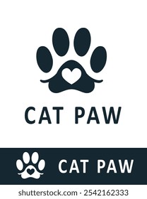A minimalist vector logo design of a cat paw with a heart shape in the center