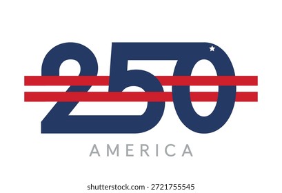 Diseño de logotipo de Vector minimalista que celebra el 250 aniversario de Estados Unidos. Números 250 en azul oscuro y negrita cruzados por dos franjas rojas, que simbolizan la unidad y el patriotismo, con la palabra América