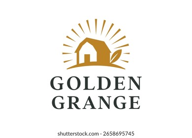 Minimalistisches Vektorlogo-Design eines Bauernhofs oder eines Granges mit goldener Sonne, das Wohlstand vermittelt. Es repräsentiert Landwirtschaft, Immobilien und ländliche Entwicklung mit einem illustrativen, modernen Stil.
