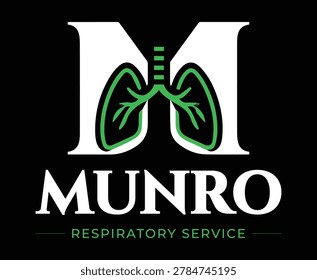 Minimalist vector logo design for Munro Respiratory Service featuring a stylized green lung icon inside a bold letter M.