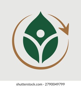 A minimalist vector logo design representing sustainable living, health, and wellness, featuring a person inside a leaf surrounded by a circular arrow.