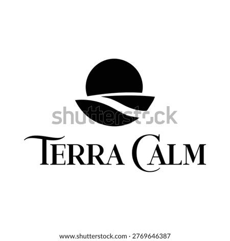 Minimalist vector logo design for Terra Calm featuring a sun rising over hills and a flowing river. Elegant black and white branding for wellness, skincare, and nature-inspired businesses.