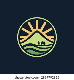 Minimalist vector logo farmfield with sunrise over rolling hills on dark background. Vector illustration