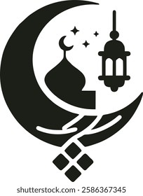 "Minimalist vector logo featuring a crescent moon with a mosque silhouette inside, complete with a central dome and two minarets.