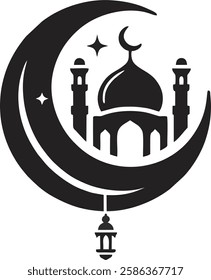 "Minimalist vector logo featuring a crescent moon with a mosque silhouette inside, complete with a central dome and two minarets.