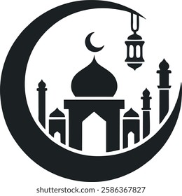 "Minimalist vector logo featuring a crescent moon with a mosque silhouette inside, complete with a central dome and two minarets.