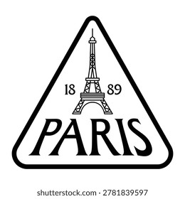 Minimalist vector logo featuring the Eiffel Tower inside a rounded triangle frame with the text 'PARIS' and the year '1889' in black and white.