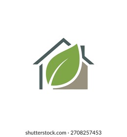 Un logotipo de Vector minimalista con una casa con una hoja verde en el interior, que simboliza hogares ecológicos, vida sostenible y cuidado del medio ambiente. Ideal para inmuebles, edificios verdes.
