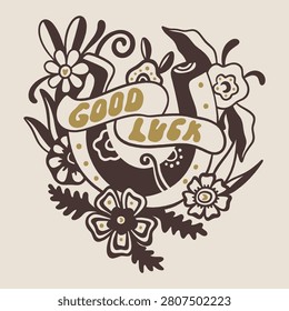 Минималистский векторный логотип с удачной подковкой, украшенной яркими полевыми цветами и зеленью в очаровательном ковбойском западном и народном стиле. Красивая народная ковбойша завершает веселый бохо