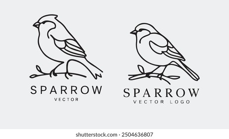 a minimalist vector logo featuring the outline of a sparrow perched on a branch.