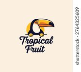A minimalist vector logo featuring a stylized cute toucan bird peaking over text that says Tropical Fruit on a light background