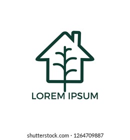 Minimalist vector logo of house and tree leaf. Eco house concept. Modern line vector illustration.