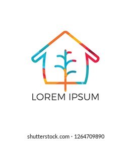 Minimalist vector logo of house and tree leaf. Eco house concept. Modern line vector illustration.