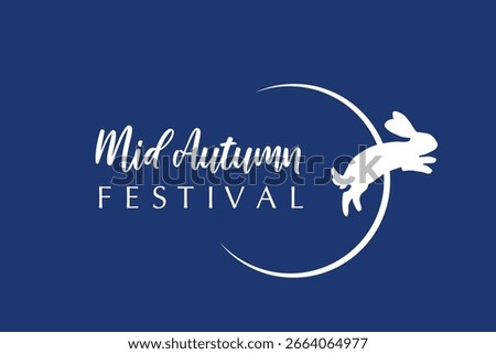 Minimalist vector logo for Mid Autumn Festival: a white rabbit silhouette leaping through a crescent moon on a deep blue background with elegant typography.