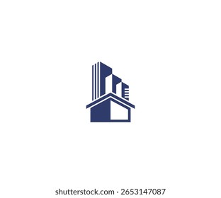 Minimalist vector logo showing a house with rooftop in front of rising skyscrapers. Concept for real estate, property development, construction company, or architecture firm. Blue icon on white backgr