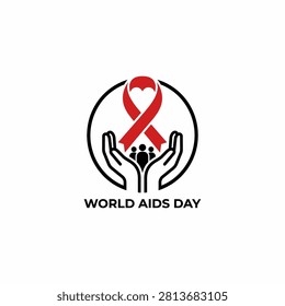 A minimalist vector logo for World AIDS Day featuring a red ribbon shaped like a heart cradled by stylized human hands with people icons