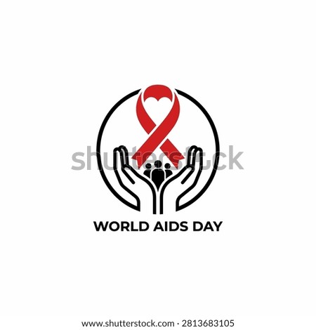 A minimalist vector logo for World AIDS Day featuring a red ribbon shaped like a heart cradled by stylized human hands with people icons