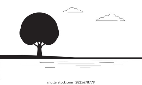 Minimalist vector of a lone tree silhouette reflecting in calm water under simple clouds.