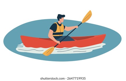 Vetor minimalista de um homem caiaque em um caiaque vermelho na água azul calma. Gráfico de aventura ao ar livre dinâmico ideal para viagens, esportes, turismo, apresentações e web design.