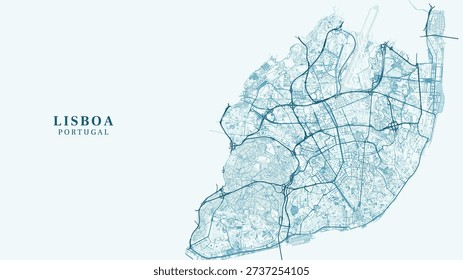 Minimalist vector map of Lisbon Portugal with clean blue lines on white background for poster