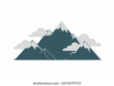 Minimalist vector of mountain with clouds in two colors, white background