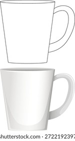 Taza de Vector minimalista con la manija, mostrada en el contorno y estilo sombreado realista, fondo blanco