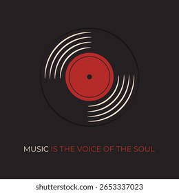 Cartaz de música vetorial minimalista com emblema de gravação de vinil plano e citação inspiradora Música é a voz da alma