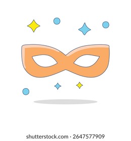 Vetor minimalista de um ícone de máscara de máscara laranja rodeado por estrelas e formas de brilho. Ótimo para convites ou conteúdo de feriado.