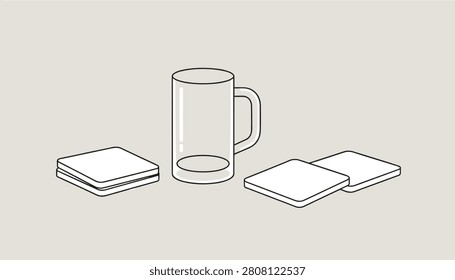 Minimalist vector outline of an empty glass beer mug surrounded by stacks of square wooden coasters on a light gray backdrop.