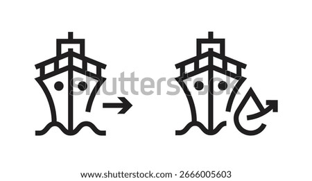 Minimalist vector outline icon depicting a ship moving on water
