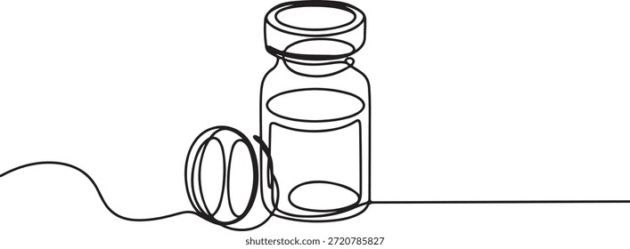 Minimalistische Vektorkontur eines pharmazeutischen Behälters, der für Impfstoffe oder andere injizierbare Stoffe verwendet wird.