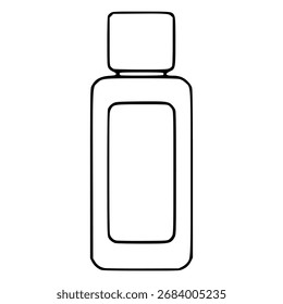 Vetor minimalista delineado de uma garrafa retangular com uma tampa quadrada, representando uma embalagem cosmética ou farmacêutica.
