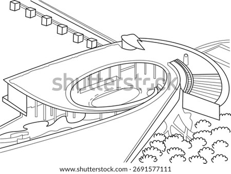 Minimalist vector outline of Singapore's ArtScience Museum, showcasing its distinctive contemporary architectural silhouette.