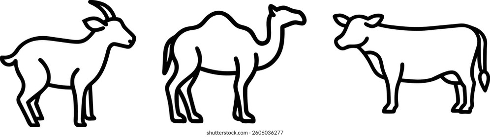 Minimalist Vector Outlines of Cow Camel and Goat Farm Animals
