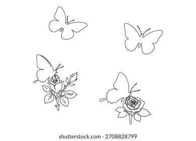 Minimalist vector pack of butterflies and roses in one line style