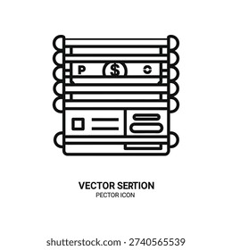 Minimalist vector parking meter icon featuring dollar sign, time, and pay symbols for urban, business, and transportation design projects.