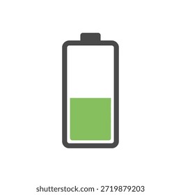 Vector minimalista de una pila parcialmente cargada en verde y gris sobre fondo blanco. Diseño plano que simboliza la energía personal, la recuperación y los hábitos de bienestar sostenibles.