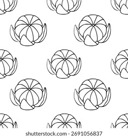 Minimalist vector pattern of stylized tangerine with clean black outlines on a white background.