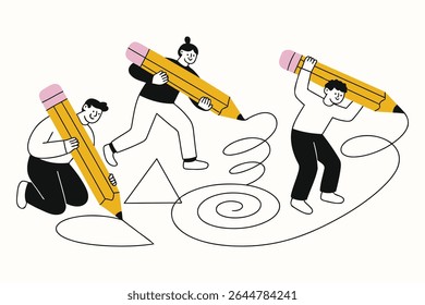 Minimalist vector of people drawing abstract shapes with large pencils. Fun, playful, and perfect for creativity, education, or teamwork concepts. Hand-drawn line style.