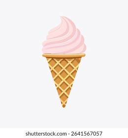 Minimalist vector of pink ice cream in a waffle cone. Perfect for dessert menus, children’s projects, summer themes, and food branding in cute cartoon style