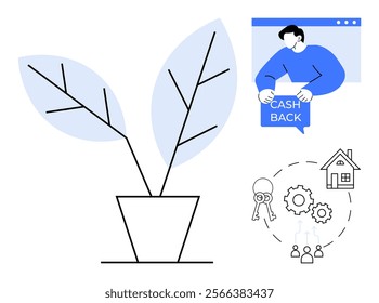 A minimalist vector of a plant symbolizing growth, a man holding a cashback sign, keys, gears, and a house outline. Ideal for finance, real estate, investments, home buying, and savings themes